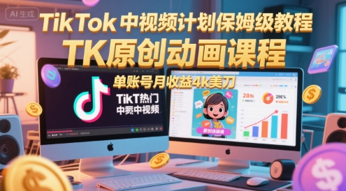 TikTok中视频计划保姆级教程，TK原创动画课程，单账号月收益4k美刀-跃知万川