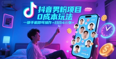 抖音男粉项目0成本玩法，一部手机即可操作，日均4张+，时间自由-跃知万川