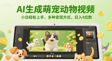 AI生成萌宠动物视频，小白轻松上手，多种变现方式，日入4位数-跃知万川