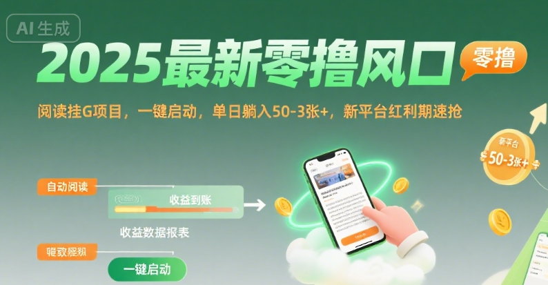 2025最新零撸风口，阅读挂G项目，一键启动，单日躺入 50-3张+，新平台红利期速抢【揭秘】-跃知万川
