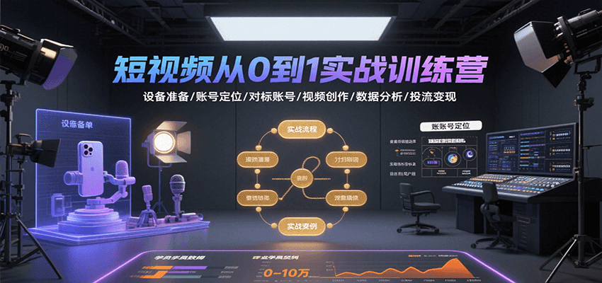 短视频从0到1实战训练营：设备准备/账号定位/对标账号/视频创作/数据分析/投流变现-跃知万川
