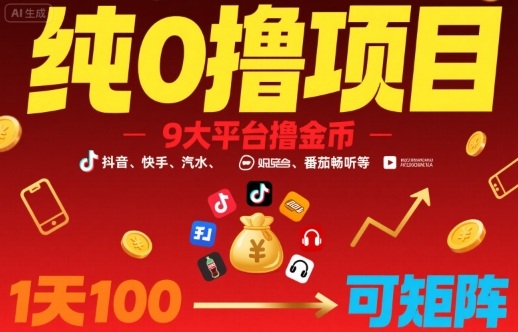 纯0撸项目，9大平台撸金币，抖音，快手，汽水，番茄畅听等，1天100，可矩阵-跃知万川