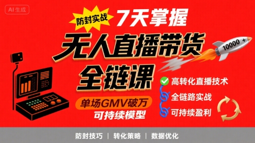 无人直播带货全链防封实战课，7天掌握高转化直播技术，实现单场GMV破万可持续模型-跃知万川