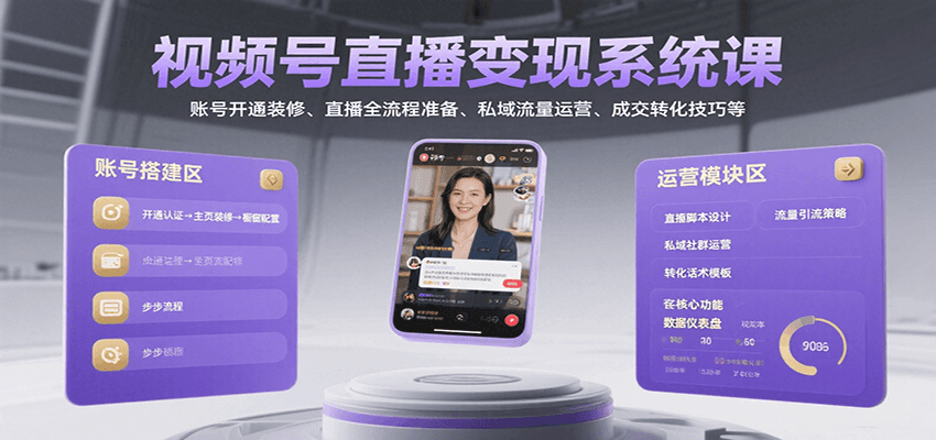 视频号直播变现系统课，账号开通装修、直播全流程准备、私域流量运营、成交转化技巧等-跃知万川