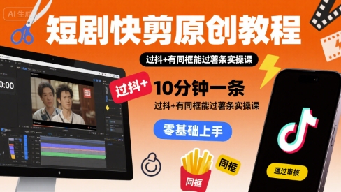 短剧快剪原创教程，10分钟一条，过抖+有同框能过薯条实操课-跃知万川
