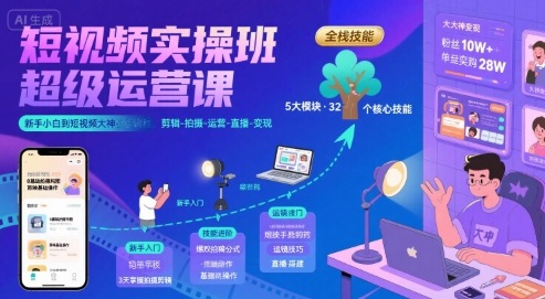 短视频实操班超级运营课，新手小白到短视频大神必修课程，剪辑-拍摄-运营-直播-变现-跃知万川