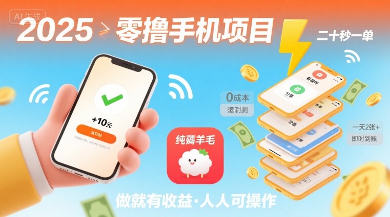 2025年零撸手机项目，二十秒一单，纯薅羊毛 一天2张+做就有-跃知万川