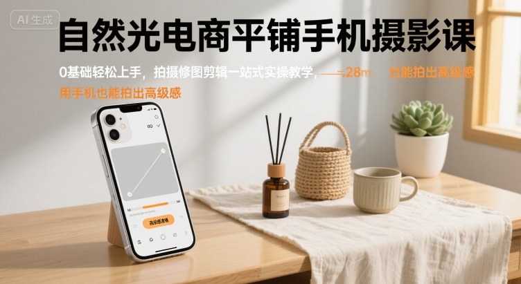 自然光电商平铺手机摄影课，0基础轻松上手，拍摄修图剪辑一站式实操教学，用手机也能拍出高级感-跃知万川