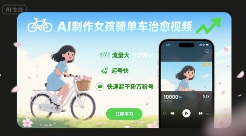AI制作女孩骑单车治愈视频，流量大，起号快，快速起千粉万粉号-跃知万川