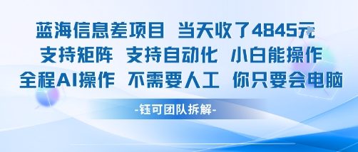 蓝海信息差项目当天收米1k+ 支持矩阵支持自动化小白能操作全程AI操作不需要人工你只要会电脑-跃知万川