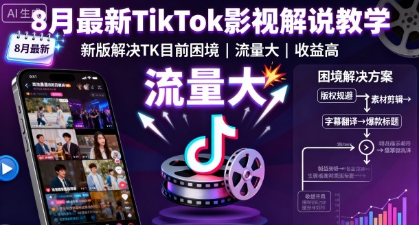8月最新TikTok影视解说教学，新版解决TK目前困境，流量大，收益高-跃知万川