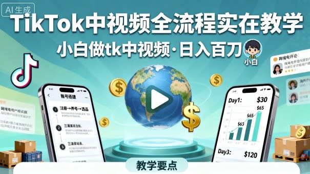 TikTok中视频全流程实操教学，小白做tk中视频，日入百刀-跃知万川