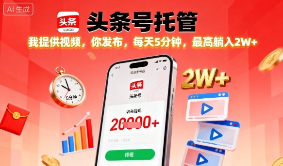 【头条号托管】我提供视频，你发布，每天5分钟，最高躺入2W+【揭秘】-跃知万川