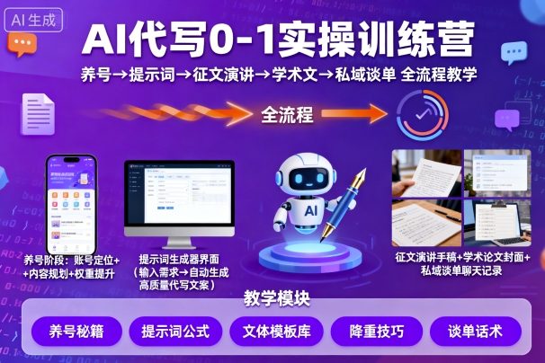 AI代写0-1实操训练营，从养号、提示词、征文演讲、学术文，到私域谈单的全流程教学-跃知万川