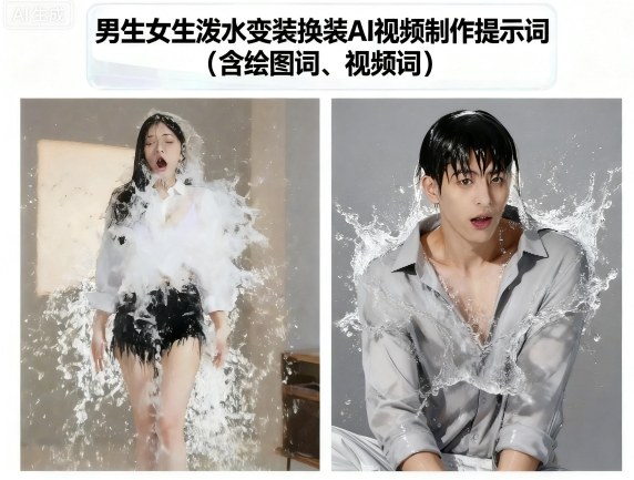 男生女生泼水变装换装AI视频制作提示词(含绘图词、视频词)-跃知万川