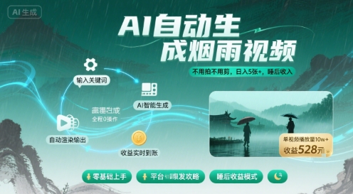 不用拍不用剪！AI自动生成烟雨视频，日入5张+，睡后收入-跃知万川