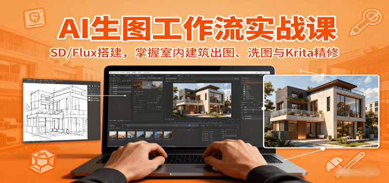 AI生图工作流实战课:SD/Flux搭建,掌握室内建筑出图、洗图与Krita精修-跃知万川