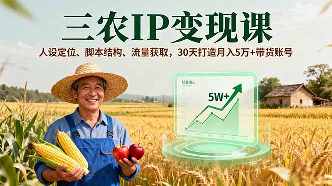 三农IP变现课，人设定位、脚本结构、流量获取，30天打造月入5万+带货账号-跃知万川
