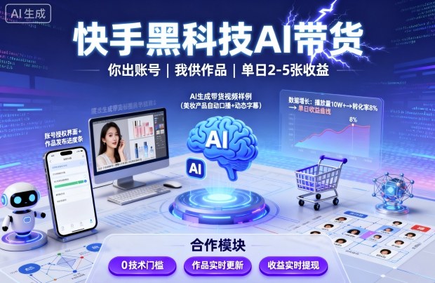 快手黑科技AI带货，你提供账号，我提供作品并发布，单日2-5张【揭秘】-跃知万川