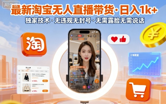 最新淘宝无人直播带货，日入1k+，独家技术，无违规无封号，无需露脸无需说话【揭秘】-跃知万川