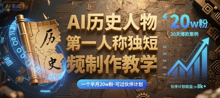 最新AI历史人物第一人称独白短视频制作教学，一个半月20w粉，可过伙伴计划-跃知万川