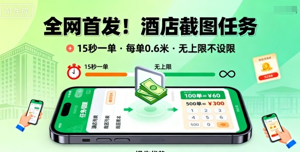 全网首发！酒店截图任务，15秒一单，每单0.6米，任务无上限不设限，矩阵操作单日3张到手【揭秘】-跃知万川