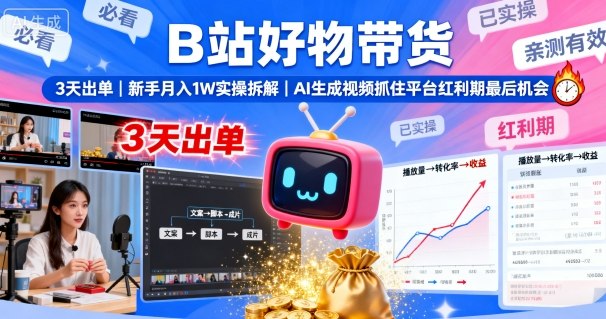 B站好物带货，3天出单，新手月入1W实操拆解，AI生成视频，抓住平台红利期最后机会-跃知万川
