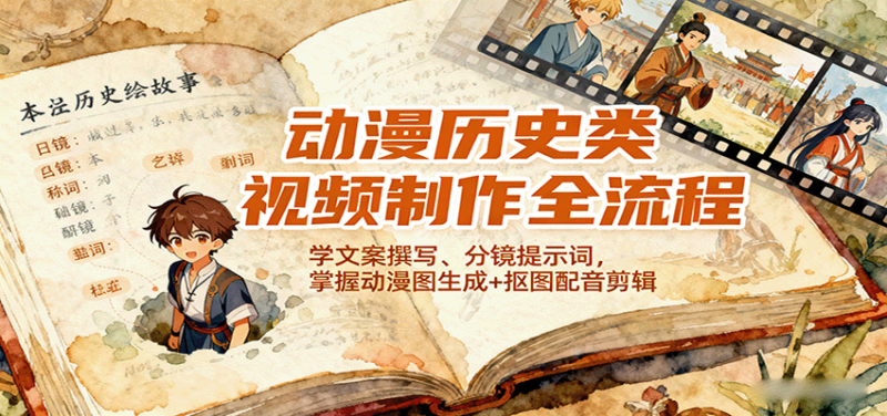 动漫历史类视频制作全流程，学文案撰写、分镜提示词，掌握动漫图生成+抠图配音剪辑-跃知万川