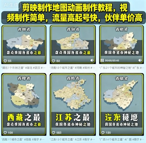 剪映制作地图动画制作教程，视频制作简单，流量高起号快，伙伴单价高-跃知万川