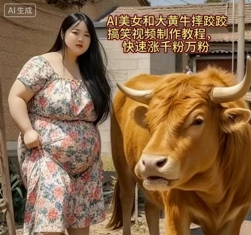 AI美女和大黄牛摔跤搞笑荒诞视频制作教程,快速涨千粉万粉-跃知万川