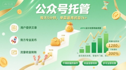【公众号托管 】我提供文章，你发布，每天5分钟，单篇最高收益1k+【揭秘】-跃知万川