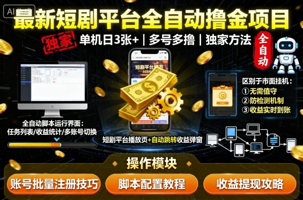 最新短剧平台全自动挂G撸金项目，单机一天3张+，多号多撸，区别于市面所有挂机项目，独家方法【揭秘】-跃知万川