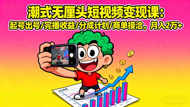 潮式无厘头短视频变现课：起号出号/完播收益/分成计划/商单接洽，月入2万+-跃知万川