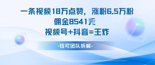 一条视频18W点赞，涨粉6.5W粉佣金8541米，视频号+抖音=王炸-跃知万川