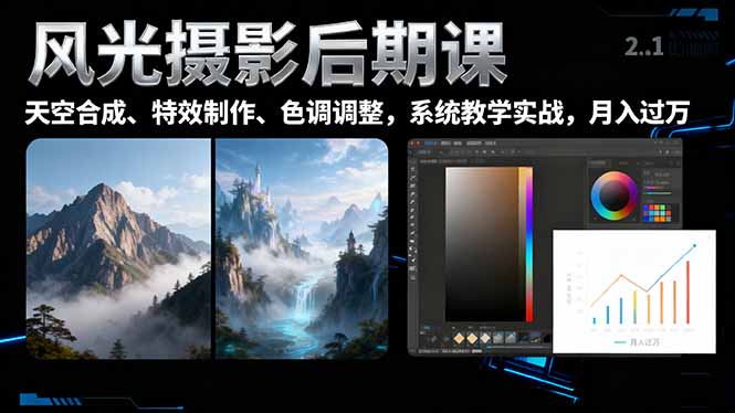 风光摄影后期课，一键换天空合成、特效制作、色调调整，月入过万-跃知万川