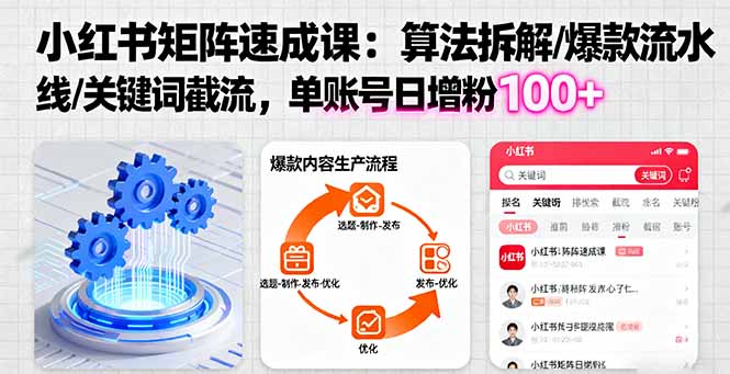 小红书矩阵起号速成课：算法拆解/爆款流水线/关键词截流 单账号日增粉100+-跃知万川