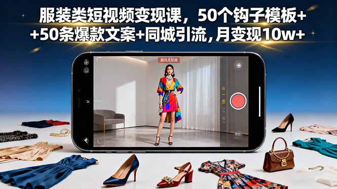 服装类短视频变现课，50个钩子模板+50条爆款文案+同城引流，月变现10w+-跃知万川