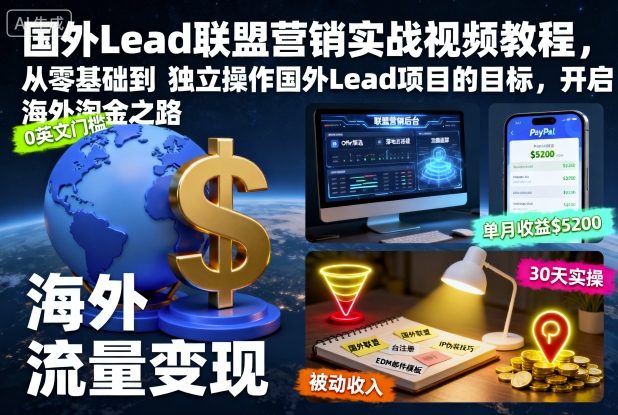 国外Lead联盟营销实战视频教程，从零基础到独立操作国外Lead项目的目标，开启海外淘金之路-跃知万川