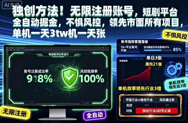 独创方法！无限注册账号，短剧平台全自动掘金，不惧风控，领先市面所有项目，单机一天3张【揭秘】-跃知万川