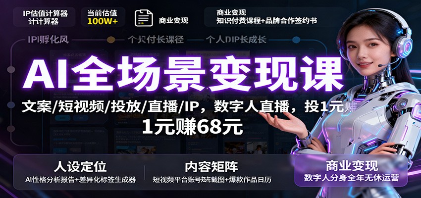 AI全场景变现课:文案/短视频/投放/直播/IP,数字人直播,投1元赚68元-跃知万川