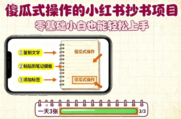 傻瓜式操作的小红书抄书项目，会复制粘贴就行，零基础小白也能一天3张-跃知万川
