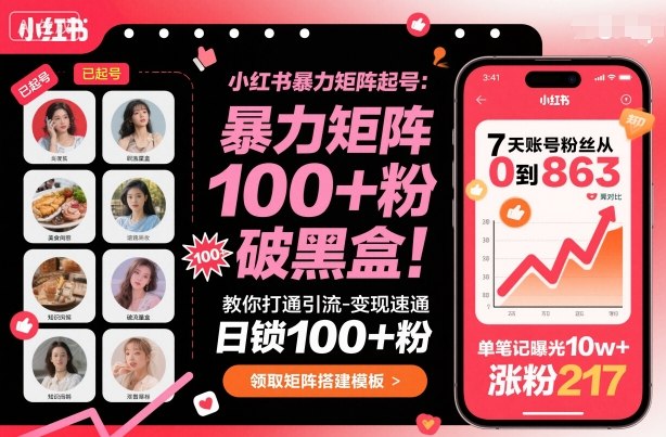 小红书暴力矩阵起号,教你打通引流-变现速通,日锁100+粉,破流量黑盒-跃知万川