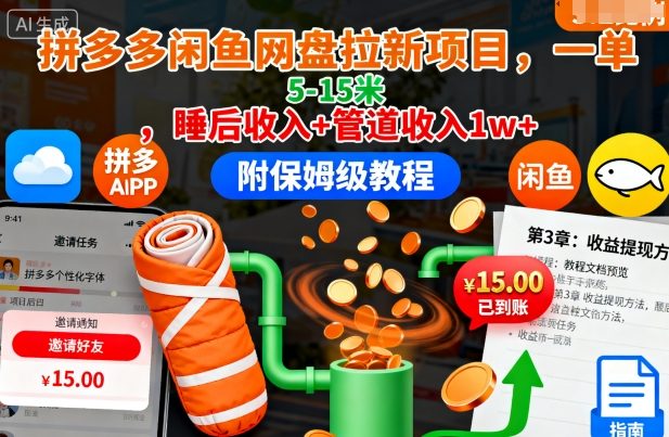 拼多多闲鱼网盘拉新项目，一单5-15米，睡后收入+管道收入1w+(附保姆级教程)-跃知万川