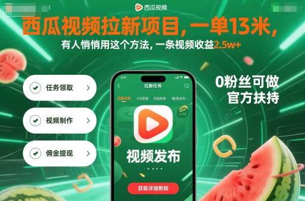 西瓜视频拉新项目,一单13米,有人悄悄用这个方法,一条视频收益2.5w+(附详细教程)-跃知万川