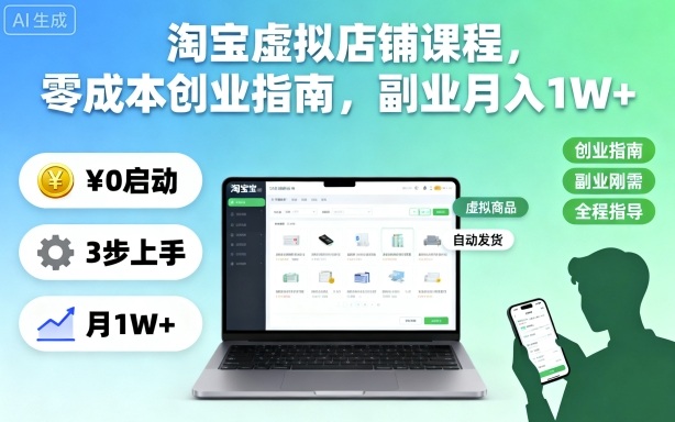 淘宝虚拟店铺课程，零成本创业指南，副业月入1W+-跃知万川