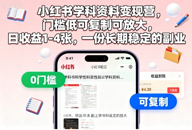 小红书学科资料变现营,门槛低可复制可放大,日收益1-4张,一份长期稳定的副业-跃知万川