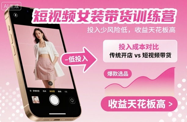短视频女装带货训练营，投入少风险低，收益天花板高-跃知万川
