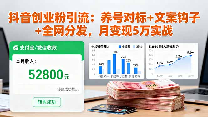 抖音创业粉引流:养号对标+文案钩子+全网分发,月变现5万实战-跃知万川