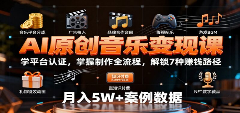 AI原创音乐变现课：学平台认证，掌握制作全流程，解锁7种赚钱路径-跃知万川