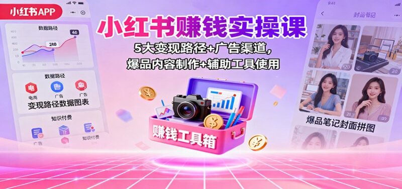 小红书赚钱实操课：5大变现路径+广告渠道，爆品内容制作+辅助工具使用-跃知万川